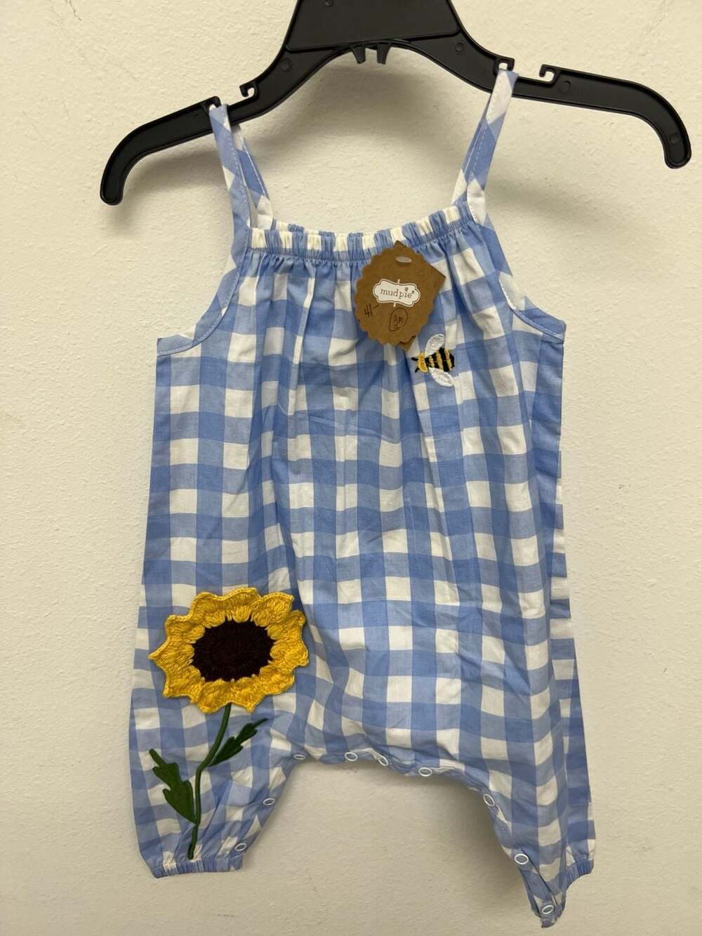 Mud Pie Sunflower Check Longall Romper 3-6M Blue Gingham